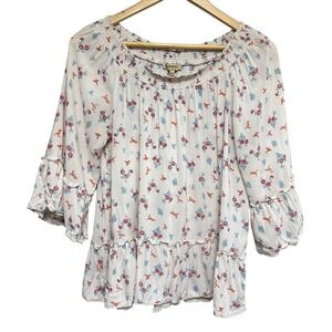 Democracy Boho Blouse Women Large Peasant Ruffle Bell Sleeve Cottage Birds Flowy